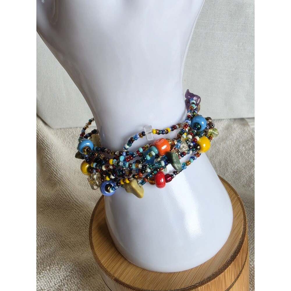 Colorful Multi Strand Beaded Bracelet Artisan Boho Glass Beads Magnetic Clasp